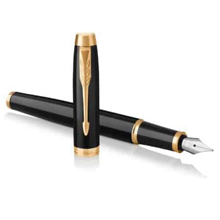 Parker IM Fountain Pen, Black Lacquer Gold Trim, Medium Nib with Blue Ink Refill, Gift Box