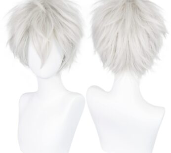 Anogol Hair Cap + Short Wig for Men, Silver White Men’s Wig for Cosplay, Short Silver Whit