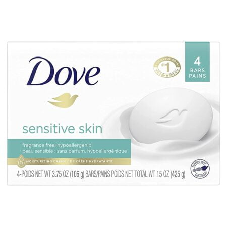 (PACK OF 4 BARS) Dove Unscented Beauty Soap Bar: SENSITIVE SKIN. Hypo-Allergenic & Fragran
