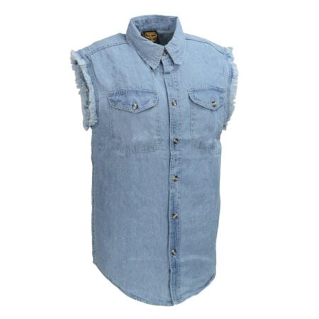 Milwaukee Leather DM1001 Men's Blue Lightweight Denim Shirt with with Frayed Cut Off Sleev