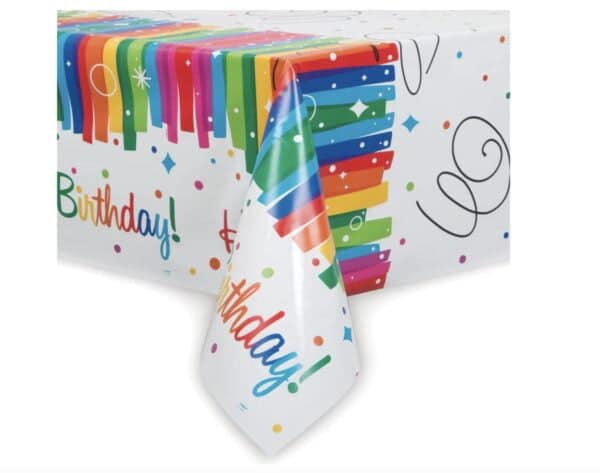 Multicolor Rainbow Ribbons Birthday Plastic Rectangular Table Cover (54" x 84"), Chic Desi