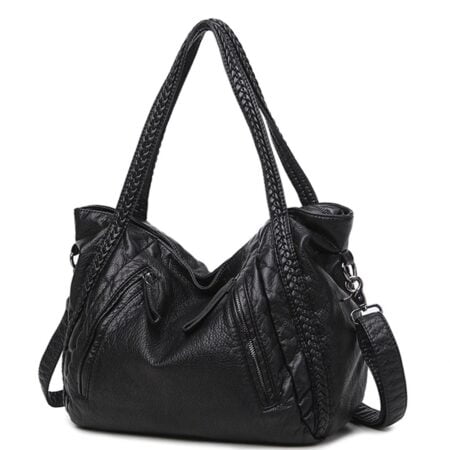 Big Capacity Slouchy Soft Leather Women Black Handbag Shoulder Hobo Bag Lady Tote Purse Cr - Image 2