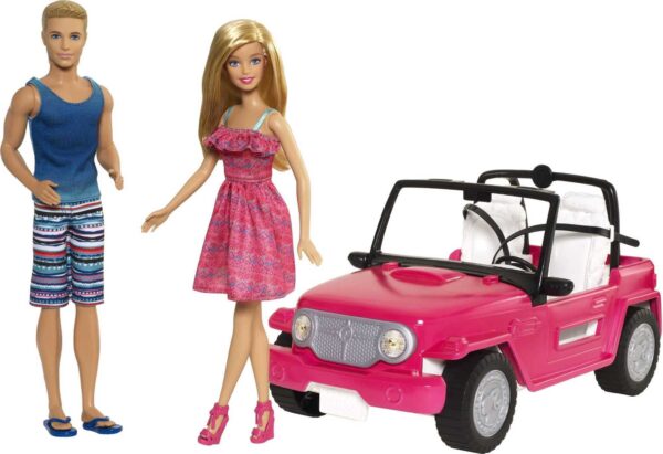Barbie Car Beach Cruiser with Barbie Doll in Sundress & Ken Doll in Beach Outfit, Pink 2-S