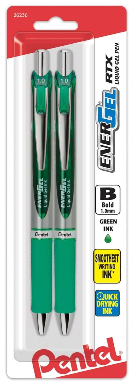 Pentel EnerGel RTX Retractable Liquid Gel Pen, Bold Line, Metal Tip, Green Ink 2-Pack (BL8