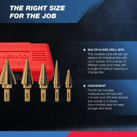 NEIKO 10197A Step Drill Bit Set, 5 Pc Step Bit for Metal, 50 SAE Sizes Total, 1/8? ? 1-3/8 - Image 3