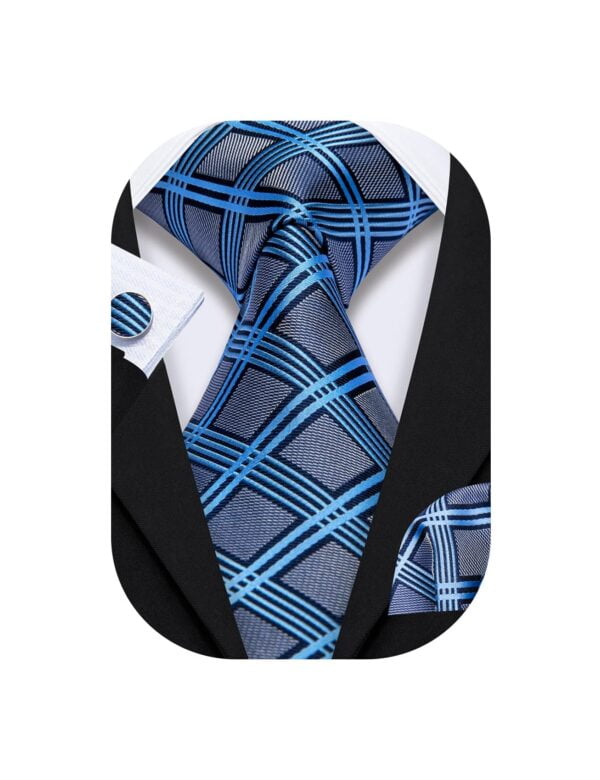 Barry.Wang Blue Grey Checks Necktie for Men,Grey Blue,One Size