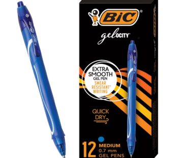 BIC Gelocity Quick Dry Blue Gel Pens, Medium Point (0.7mm), 12-Count Pack, Retractable Gel