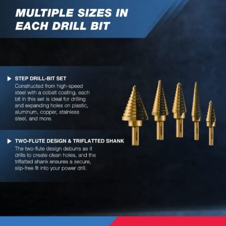 NEIKO 10197A Step Drill Bit Set, 5 Pc Step Bit for Metal, 50 SAE Sizes Total, 1/8? ? 1-3/8 - Image 2