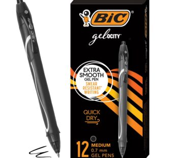 BIC Gelocity Quick Dry Black Gel Pens, Medium Point (0.7mm), 12-Count Pack, Retractable Ge