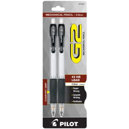 Pilot, G2 Mechanical Pencils, 0.5mm HB Lead, Clear Barrel, Pack of 2