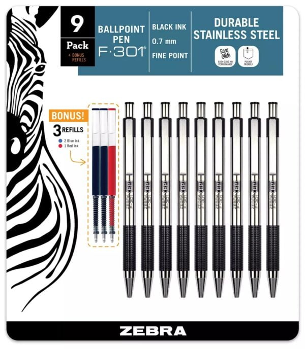 ZEBRA F-301 Ballpoint Retractable Pen, Black Ink, Fine Point Tip, 9 Pens per Pack Refillab