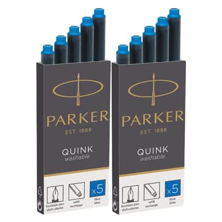 Parker Quink Washable Ink Fountain Pen Refill Cartridges, 10 Blue Ink Refills (3016031PP)