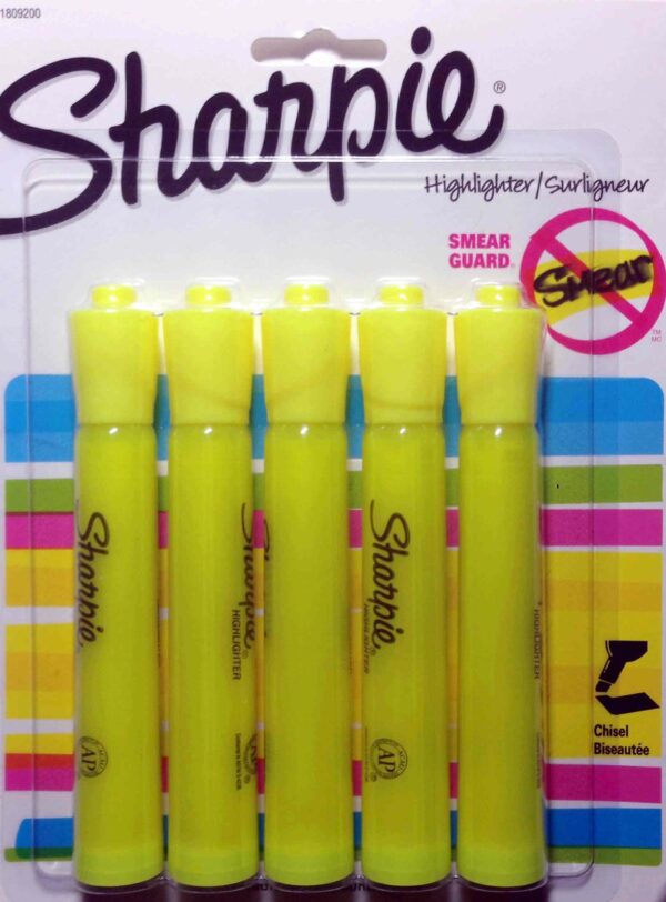 SHARPIE Accent Highlighter Tank style Chisel Tip Fluorescent Yellow, Pack of 5 (1809200)