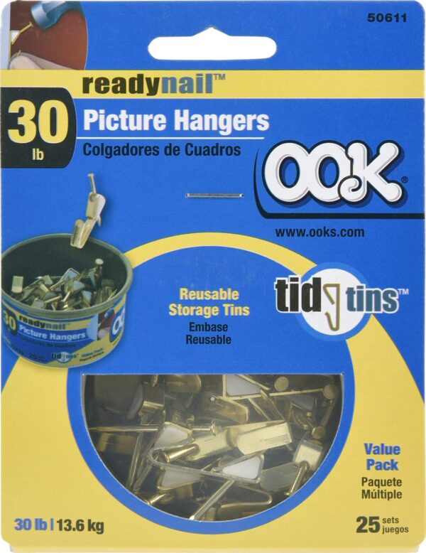 OOK 535808 Picture Hangers, Art Hangers, Brass, Reusable Picture Hooks, 30lb (25 Set) - Image 3