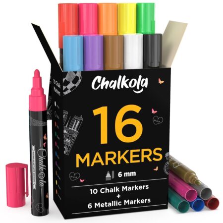 Chalkola Liquid Chalk Markers & Metallic Colors Pack of 16 Chalk Pens - for Chalkboard, Bl - Image 2