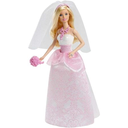 Barbie Bride Doll in Fairytale-Inspired White and Pink Wedding Dress with Ring, Veil and B