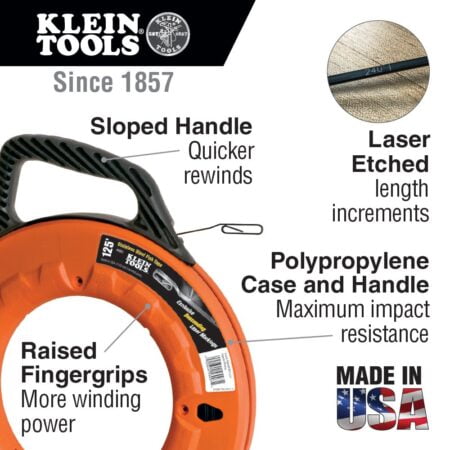 Klein Tools 56005 Fish Tape, 25-Foot Steel Fish Tape, 1/4-Inch, Plastic Tip, Etched for Me - Image 2