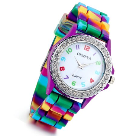 Lancardo Rhinestone Rainbow Color Silicon Jelly Fun Play Cheap Watches for Women Girls - P