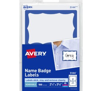 Avery Customizable Name Tags, 2-1/3″ x 3-3/8″, White with Blue Border, 100 Removable Name