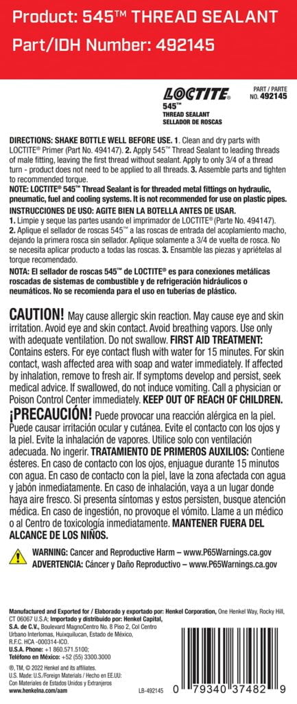 Loctite 545 Pneumatic/Hydraulic Pipe Thread Sealant, High Lubricity, High Pressure, No Fil - Image 2