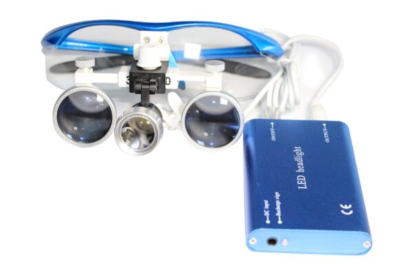 Dental Power Dental Binocular Loupes 3.5X 420mm + LED Head Light Lamp +Aluminum Box (Blue