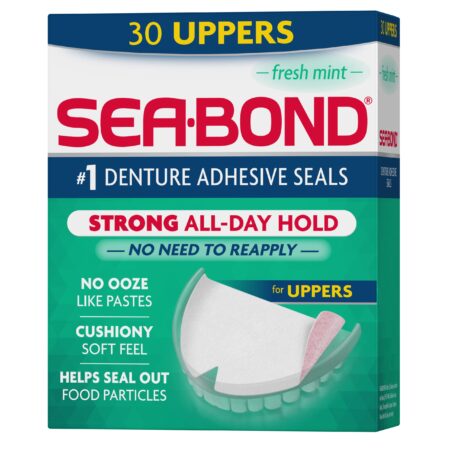 Sea Bond Secure Denture Adhesive Seals, Fresh Mint Uppers, Zinc-Free, All-Day-Hold, Mess-F