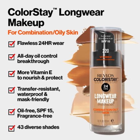 Revlon Liquid Foundation, ColorStay Face Makeup for Combination & Oily Skin, SPF 15, Medium-Full Coverage with Matte Finish, Toffee (375), 1.0 oz - Image 3