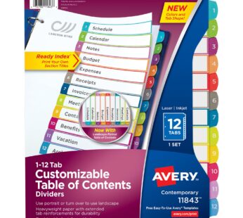 Avery 12 Tab Dividers for 3 Ring Binders, Customizable Table of Contents, Multicolor Tabs,