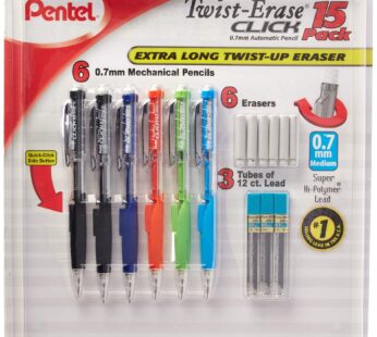 Pentel Twist-Erase Click Mechanical Pencil Set – 6 Mechanical Pencils, 6 Extra Erasers, 3