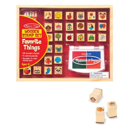 Melissa & Doug Wooden Stamp Set, Favorite Things - 26 Stamps, 4-Color Stamp Pad With Washa