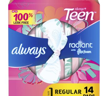 Always Radiant Teen Feminine Pads For Women, Size 1 Regular Absorbency, With Flexfoam, Wit