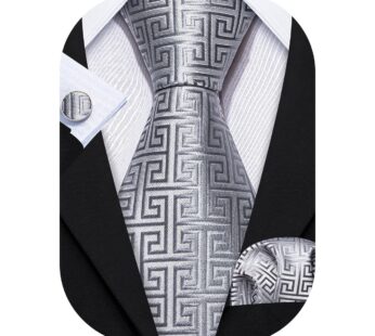 Barry.Wang Mens Ties Silk Tie Pocket Square Cufflinks Set Woven Designer Bright Silver