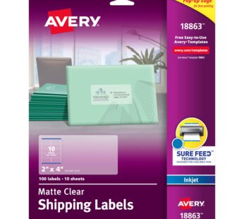 Avery Printable Shipping Labels with Sure Feed, 2″ x 4″, Matte Clear, 100 Blank Mailing La