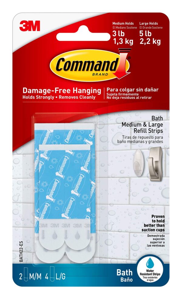 Command Bath Replacement Strips, Medium and Large Water-Resistant Adhesive Strips, Re-Hang