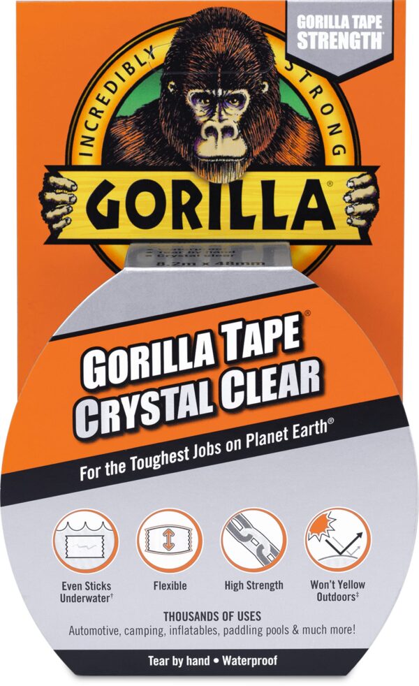 Gorilla Crystal Clear Repair Duct Tape, 1.88  x 9 yd, Clear, (Pack of 1)