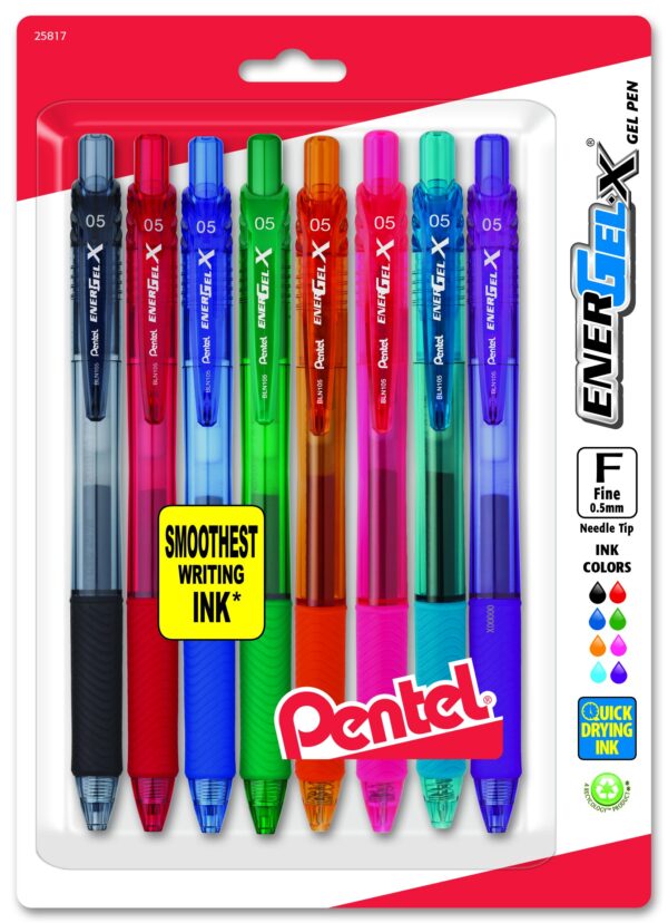 Pentel EnerGel-X Retractable Liquid Gel Pen, 0.5mm, Needle Tip, Assorted Ink, Pack of 8 (B