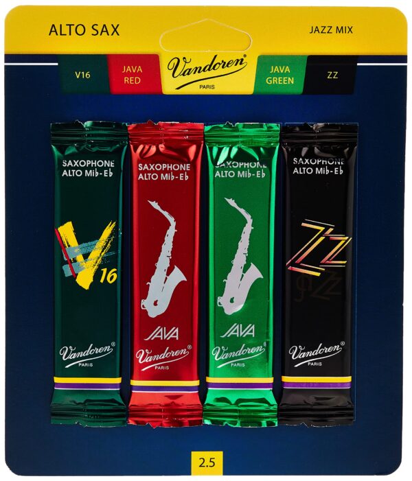 Vandoren SRMIXA25 Alto Sax Jazz Reed Mix Card includes 1 each ZZ, V16, JAVA and JAVA Red S