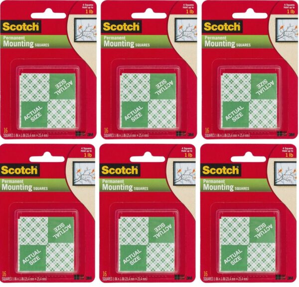 3M Scotch Precut Foam Mounting Squares Heavy Duty, 1 Inch, 6 Pack