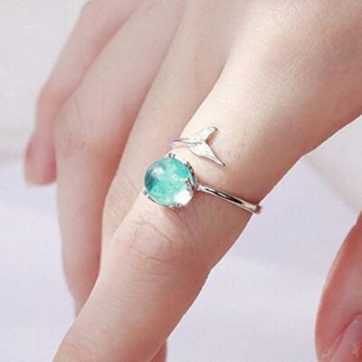 GRAEEN Crystal Mermaid Rings Adjustable Open Ring Fish Tail Band Ring Silver Eternity Ring - Image 4