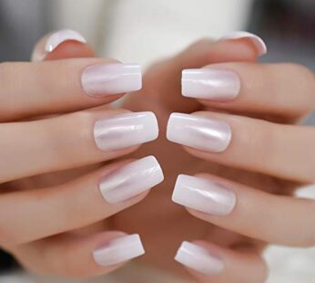 EchiQ Pearl Shine Glossy Fake Nails Shimmer White Square French Nail Ombre Faux Ongles Gra