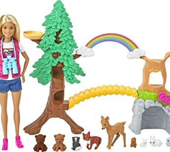 Barbie Wilderness Guide Doll and Playset, Blonde Fashion Doll with 10 Animal Figures, Tree