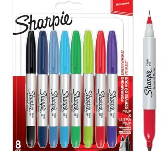 Sharpie 33861PP Twin-Tip Permanent Marker, Fine/Ultra-Fine Bullet Tips, Assorted, 8/Set