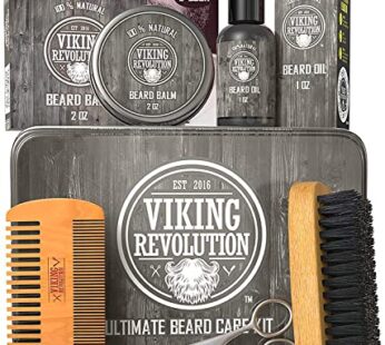 Viking Revolution Beard Care Kit for Men – Kit includes 100% Boar Beard Brush, Wooden Comb