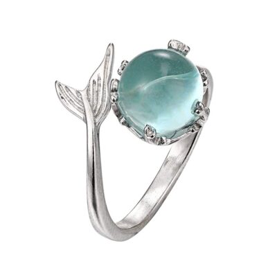 GRAEEN Crystal Mermaid Rings Adjustable Open Ring Fish Tail Band Ring Silver Eternity Ring