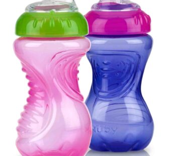 Nuby 2-Pack No Spill Easy Grip Trainer Cup 10 oz, Coral/Aqua or Pink/Purple