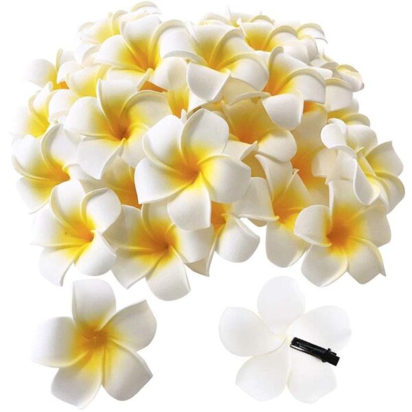 50Pcs 2.5" White Foam Hawaiian Frangipani Artificial Plumeria Flower Hat Hair Clips for Ho