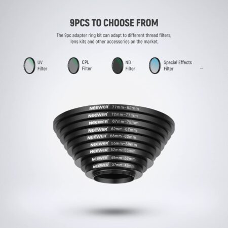 Neewer 9 Pieces Lens Filter Rings Set, Made of Anodized Aluminum, Includes: 37-49mm, 49-52 - Image 2