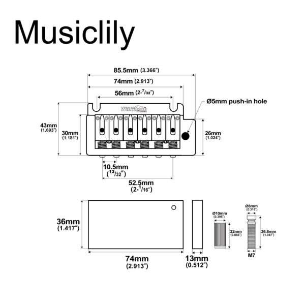 Wilkinson 52.5mm (2-1/16 inch) Full Block ST Guitar Tremolo Bridge Pop-In Arm 2-Point for - Image 2