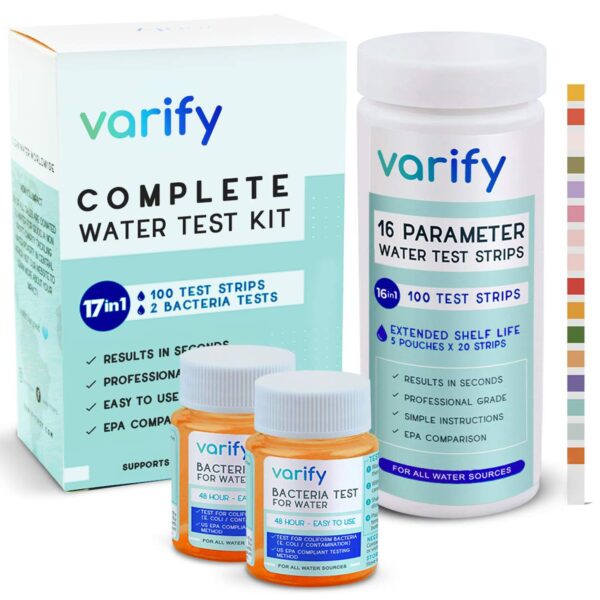 Varify 17 in 1 Complete Drinking Water Test Kit - 100 Strips + 2 Bacteria Tester Kits - We