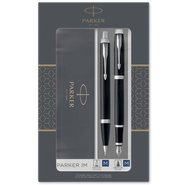 Parker IM Duo Gift Set with Ballpoint Pen & Fountain Pen | Gloss Black with Chrome Trim |